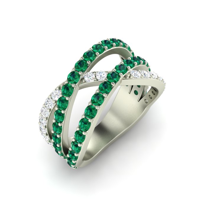14K WHITE GOLD 3 ROW CROSSOVER RING WITH EMERALDS